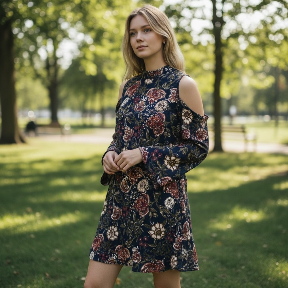 Navy Floral Cold Shoulder Mock Neck Long Slv Dress Sml Whimsgoth Romantic Fairy